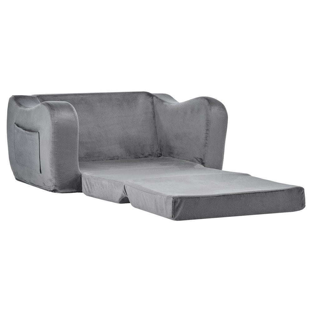 VEVOR 2-in-1 Kids Sofa, Foldable Toddler Soft Couch with Armrests, Made of 28D Sponge & Short Pile, Convertible Toddler Chair to Lounger, Kid Couch Fold Out for Fun Playtime or Comfy Lounging, M, Gray