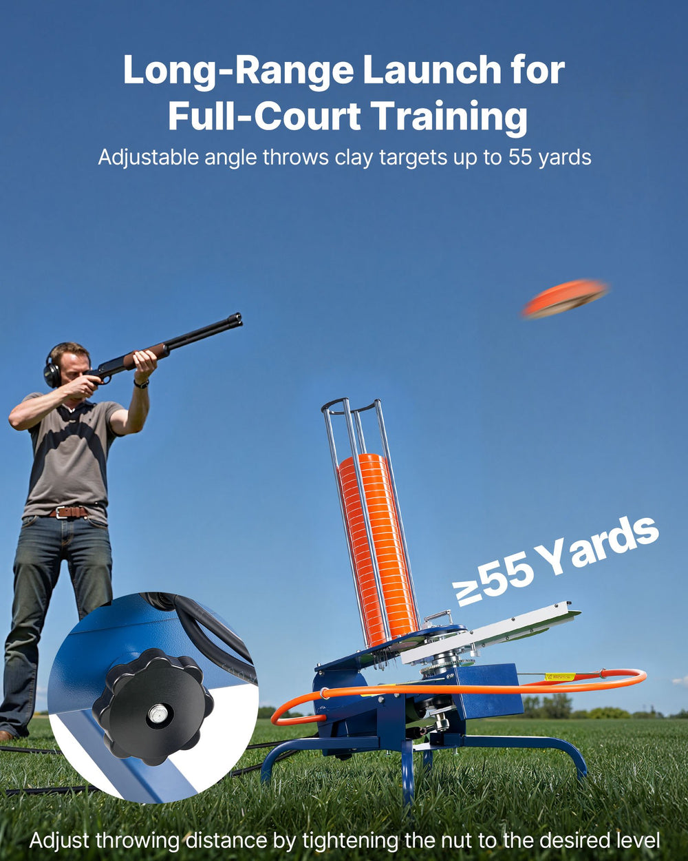 VEVOR Clay Target Thrower adjustable angle launches targets up to 55+ yards