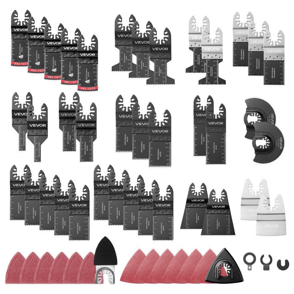 VEVOR 160-Piece Oscillating Saw Blades and Sanding Kit – 36 Universal Multi Tool Blades with 2 Scrapers, 2 Sanding Pads & 120 Sandpapers, 11 Types Oscillating Multitool Blades for Wood Plastic Metal