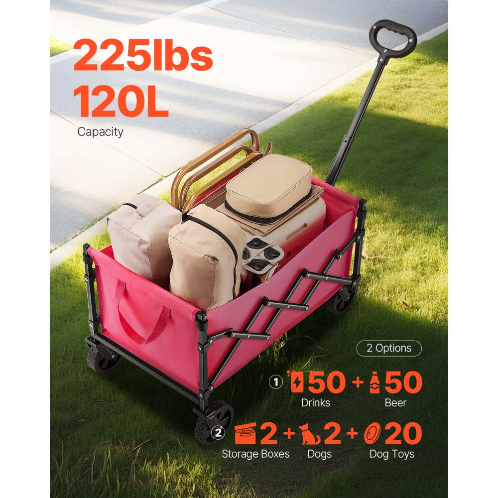VEVOR Collapsible Wagon Carts, 120L & 225LBS Folding Wagons with All-Terrain Wheels, Heavy Duty Outdoor Utility Cart with Adjustable Handle, Portable Camping Cart for Beach Grocery Garden Pink & Black