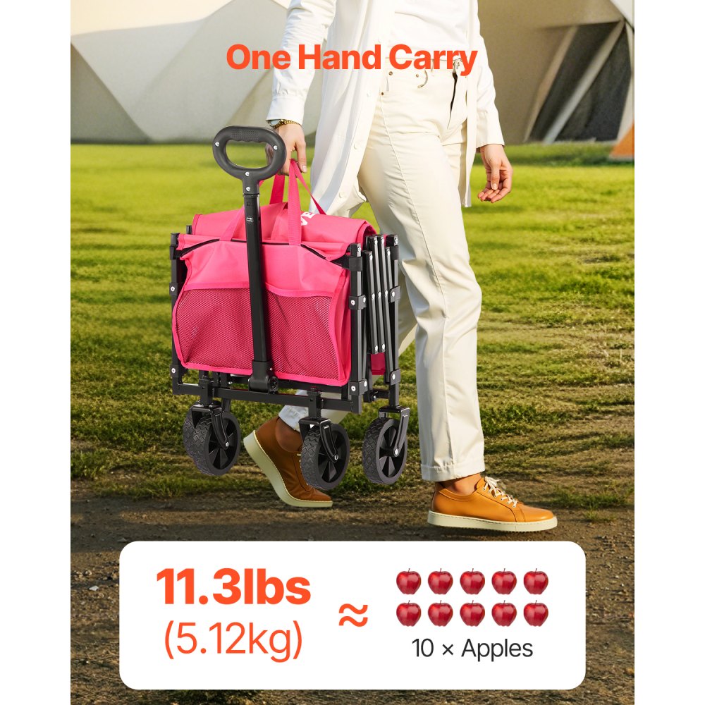 VEVOR Collapsible Wagon Carts, 120L & 225LBS Folding Wagons with All-Terrain Wheels, Heavy Duty Outdoor Utility Cart with Adjustable Handle, Portable Camping Cart for Beach Grocery Garden Pink & Black