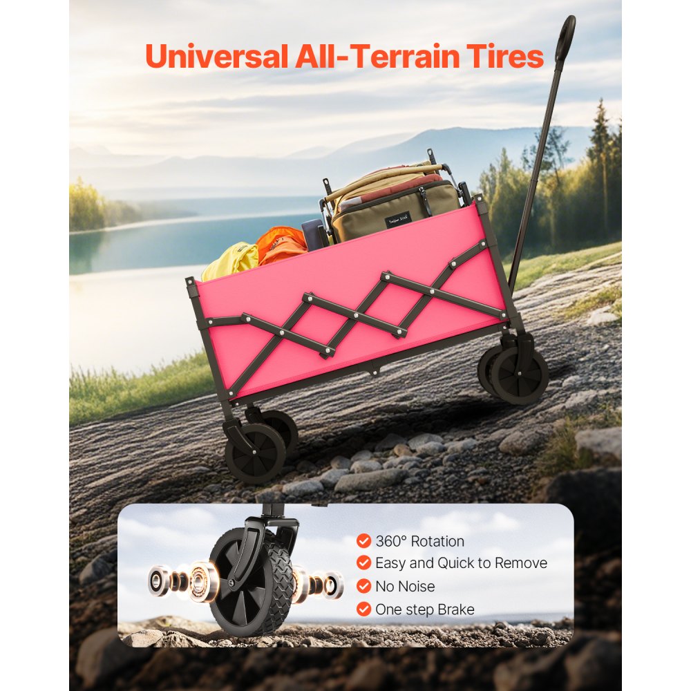 VEVOR Collapsible Wagon Carts, 120L & 225LBS Folding Wagons with All-Terrain Wheels, Heavy Duty Outdoor Utility Cart with Adjustable Handle, Portable Camping Cart for Beach Grocery Garden Pink & Black