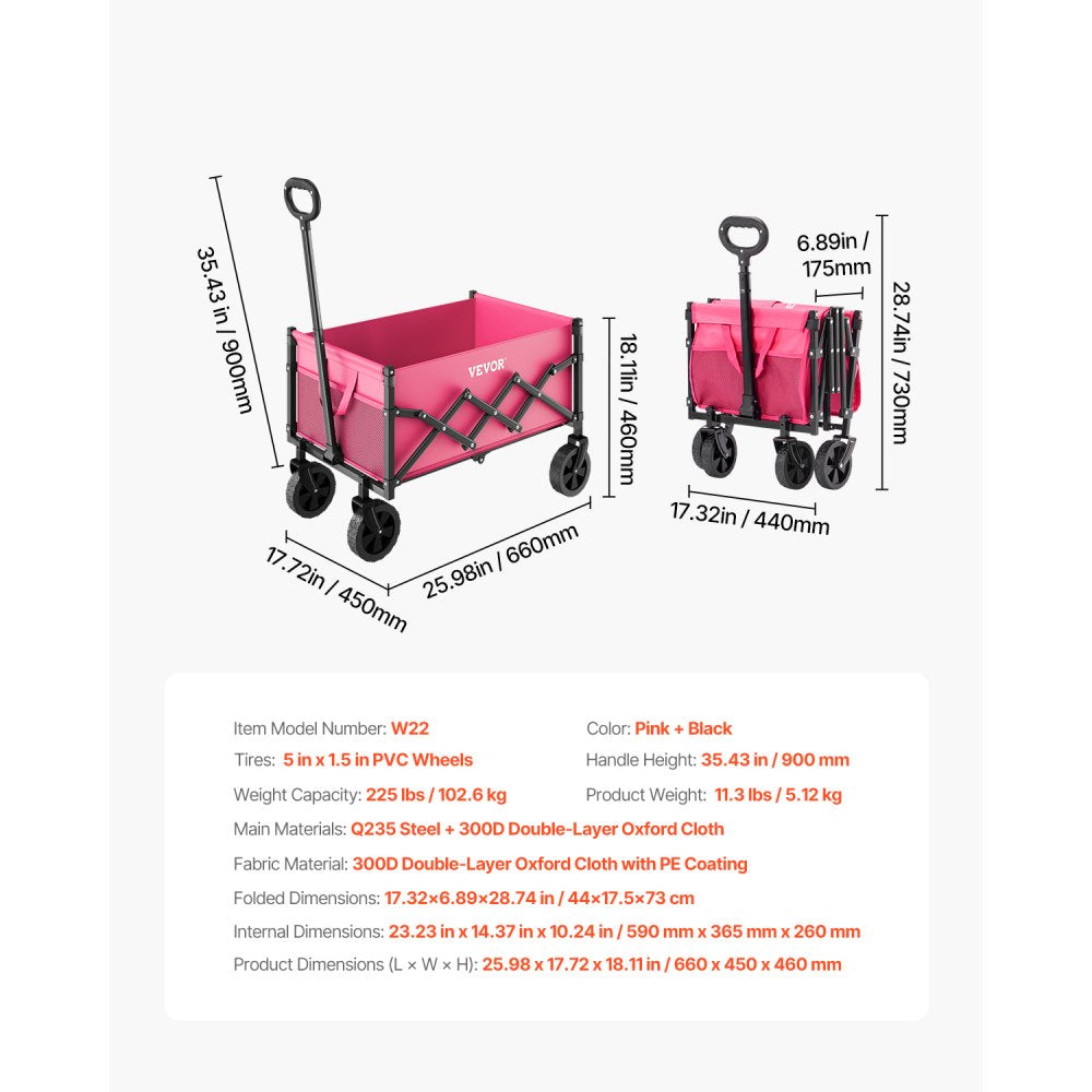 VEVOR Collapsible Wagon Carts, 120L & 225LBS Folding Wagons with All-Terrain Wheels, Heavy Duty Outdoor Utility Cart with Adjustable Handle, Portable Camping Cart for Beach Grocery Garden Pink & Black