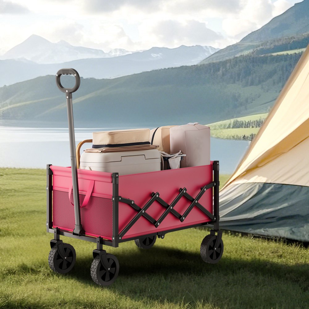 VEVOR Collapsible Wagon Carts, 120L & 225LBS Folding Wagons with All-Terrain Wheels, Heavy Duty Outdoor Utility Cart with Adjustable Handle, Portable Camping Cart for Beach Grocery Garden Pink & Black
