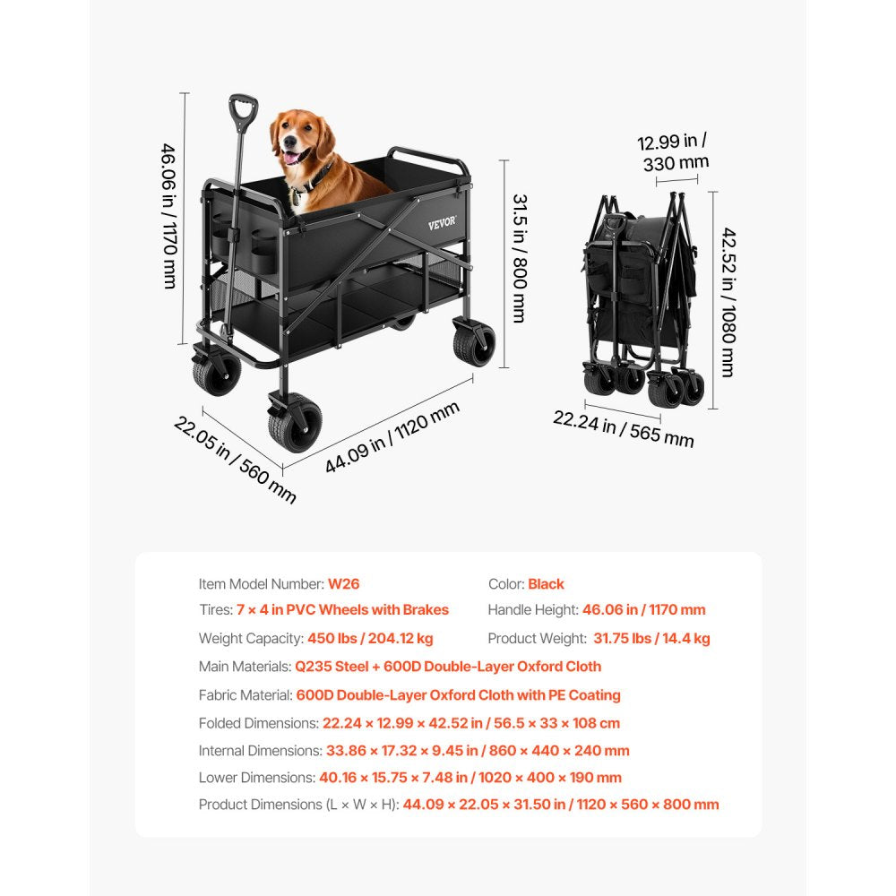 VEVOR Double Decker Wagon Collapsible, 400L Heavy Duty Folding Wagon Cart, Extended Long Garden Cart with All-Terrain Wheels, Support Up to 450lbs, Outdoor Utility Wagon for Camping, Sports, Shopping