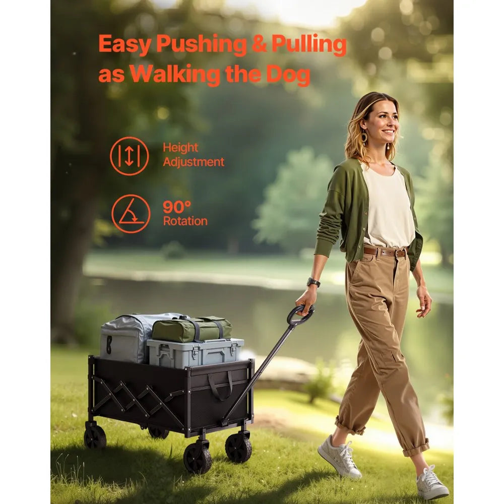 VEVOR Collapsible Wagon Carts, 120L & 225LBS Folding Wagons with All-Terrain Wheels, Heavy Duty Outdoor Utility Cart with Adjustable Handle, Portable Camping Cart for Beach Grocery Garden Black