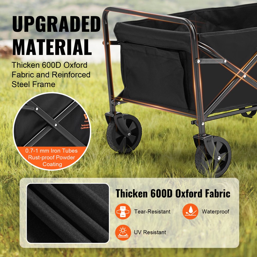 VEVOR Collapsible Folding Wagon, 2 cu.ft Grass Wagon Cart with All-Terrain 5in Wheels, Heavy Duty Folding Wagon Cart 220 lbs Weight Capacity with Drink Holders, Wagon for Camping, Shopping, Garden