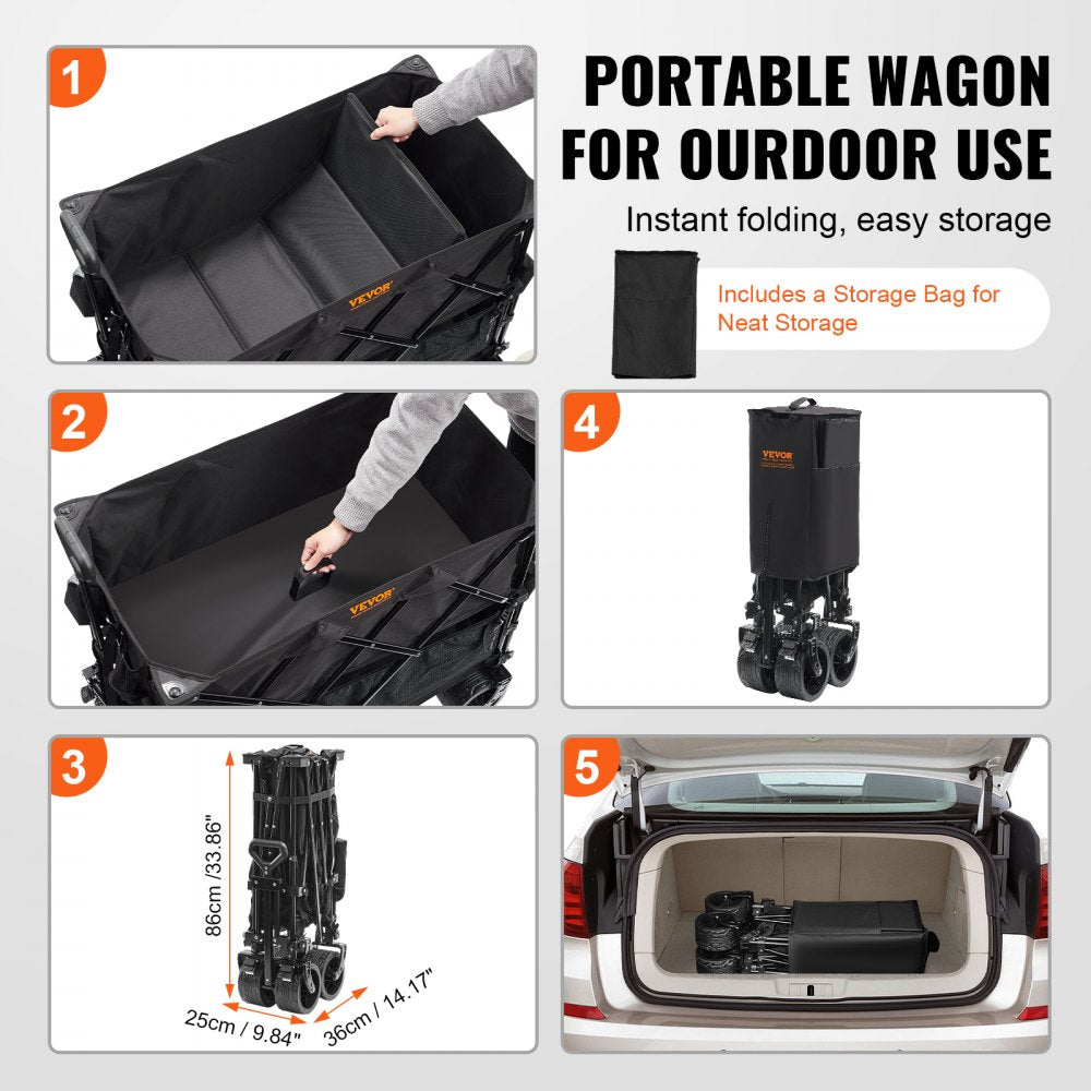 VEVOR Foldable Double Decker Wagon, 400L Collapsible Wagon Cart with All-Terrain Wheels, Heavy Duty Folding Wagon Cart 350-450 lbs Weight Capacity for Camping, Shopping, Garden, 52" Extra Long Extender