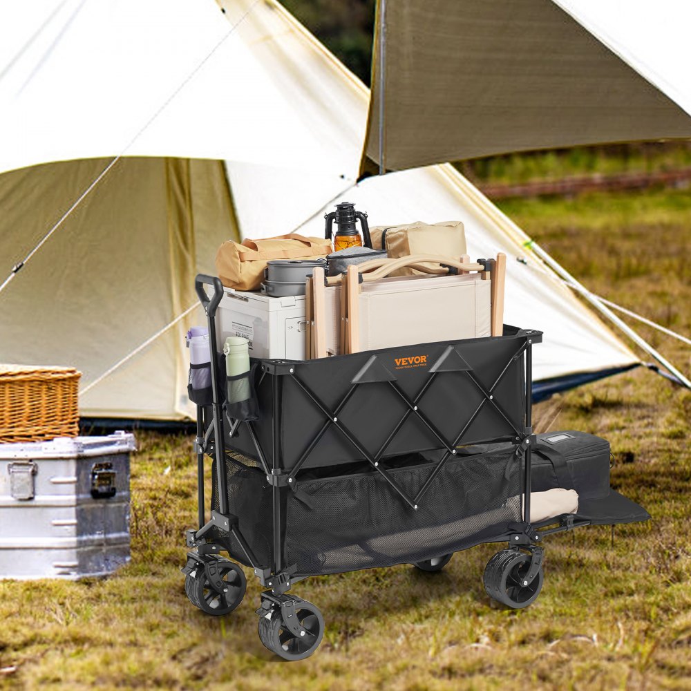 VEVOR Foldable Double Decker Wagon, 400L Collapsible Wagon Cart with All-Terrain Wheels, Heavy Duty Folding Wagon Cart 350-450 lbs Weight Capacity for Camping, Shopping, Garden, 52" Extra Long Extender