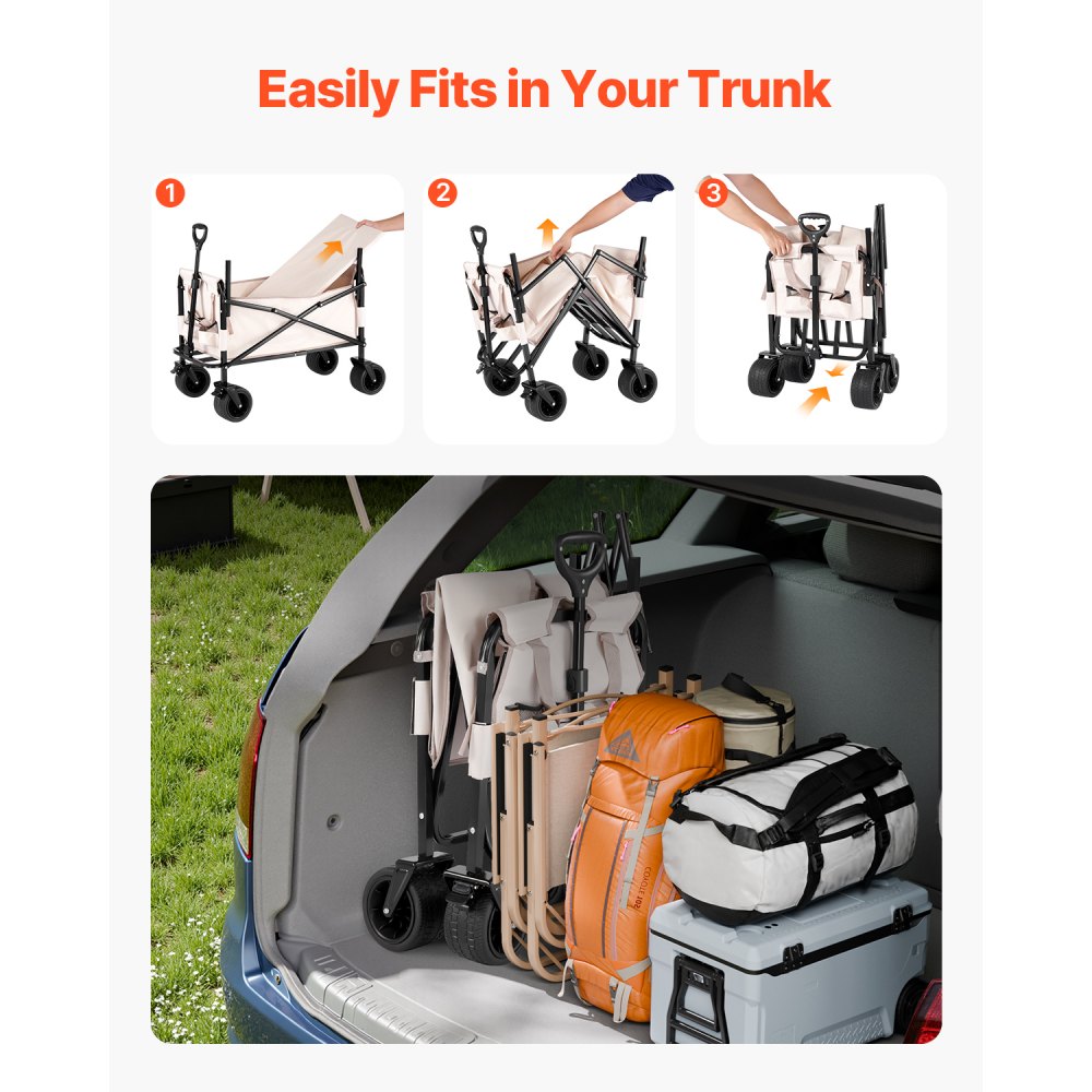 VEVOR Collapsible Folding Wagon, 550lb Load & 220L, 2 in 1 Foldable Wagon Cart Converts to Bench, Utility Wagon with Adjustable Handle, Outdoor Cart for Groceries Shopping, Camping, Gardening