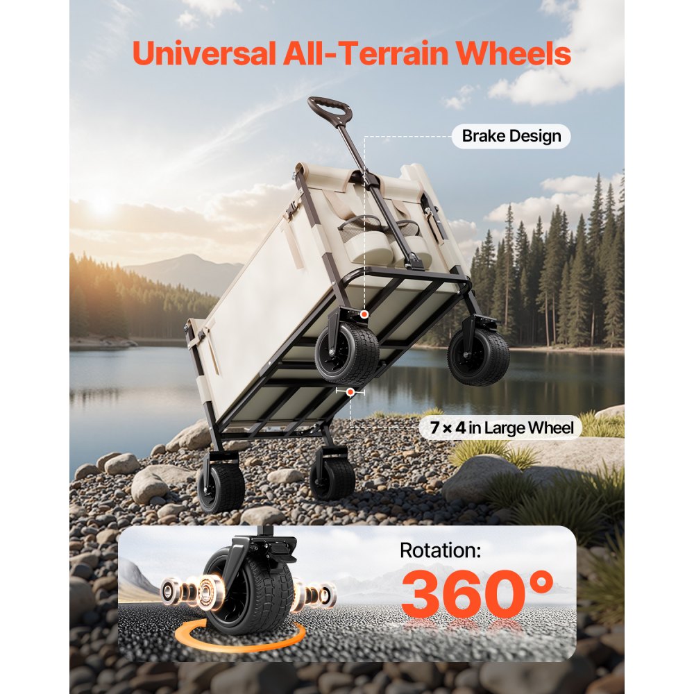 VEVOR Collapsible Folding Wagon, 550lb Load & 220L, 2 in 1 Foldable Wagon Cart Converts to Bench, Utility Wagon with Adjustable Handle, Outdoor Cart for Groceries Shopping, Camping, Gardening