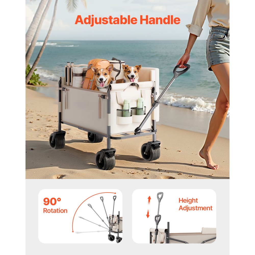 VEVOR Collapsible Folding Wagon, 550lb Load & 220L, 2 in 1 Foldable Wagon Cart Converts to Bench, Utility Wagon with Adjustable Handle, Outdoor Cart for Groceries Shopping, Camping, Gardening