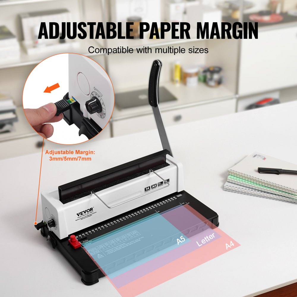 VEVOR Coil Spiral Binding Machine, Manual Book Maker 34-Holes Binding 120 Sheets, Punch Binder Adjustable 3/16" - 9/16" Coil Binding Spines, for Letter Size, A4, A5