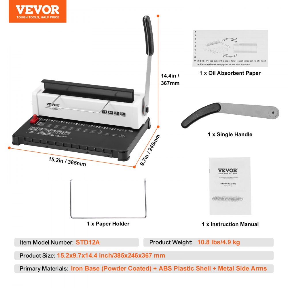 VEVOR Coil Spiral Binding Machine, Manual Book Maker 34-Holes Binding 120 Sheets, Punch Binder Adjustable 3/16" - 9/16" Coil Binding Spines, for Letter Size, A4, A5