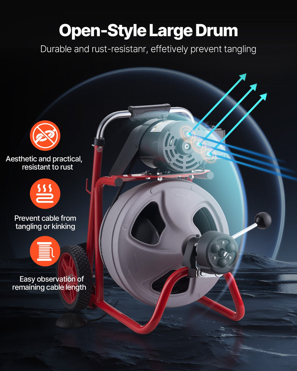 VEVOR Drain Cleaner Machine 75 FT x 3/8 Inch, Auto Feed Sewer Snake Drain Auger on Wheels, Portable Drain Cleaning Machine with 8 Cutters & Air-Activated Foot Switch for 2" to 4" Pipes