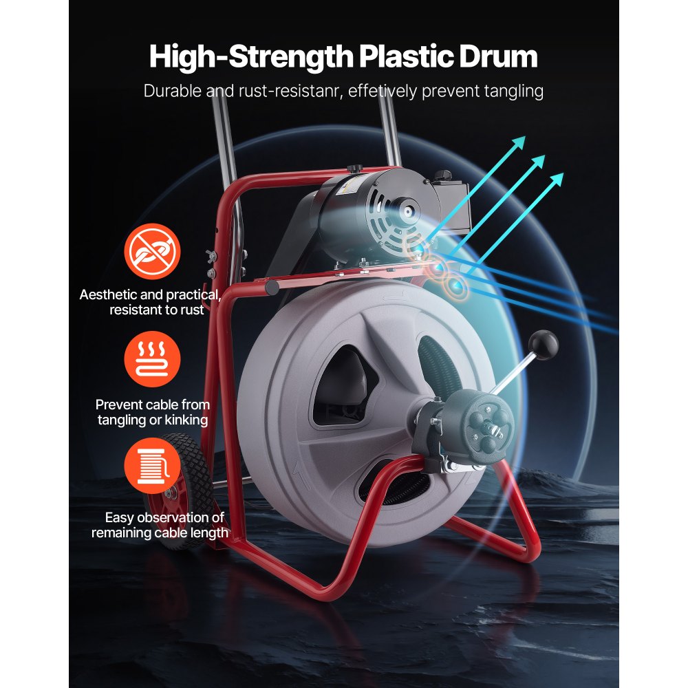 VEVOR Drain Cleaner Machine 75 FT x 1/2 Inch, Auto Feed Sewer Snake Drain Auger on Wheels, Portable Drain Cleaning Machine with 8 Cutters & Air-Activated Foot Switch for 2" to 6" Pipes