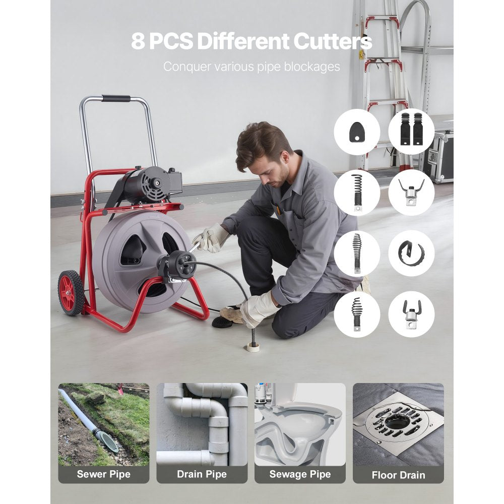 VEVOR Drain Cleaner Machine 75 FT x 1/2 Inch, Auto Feed Sewer Snake Drain Auger on Wheels, Portable Drain Cleaning Machine with 8 Cutters & Air-Activated Foot Switch for 2" to 6" Pipes