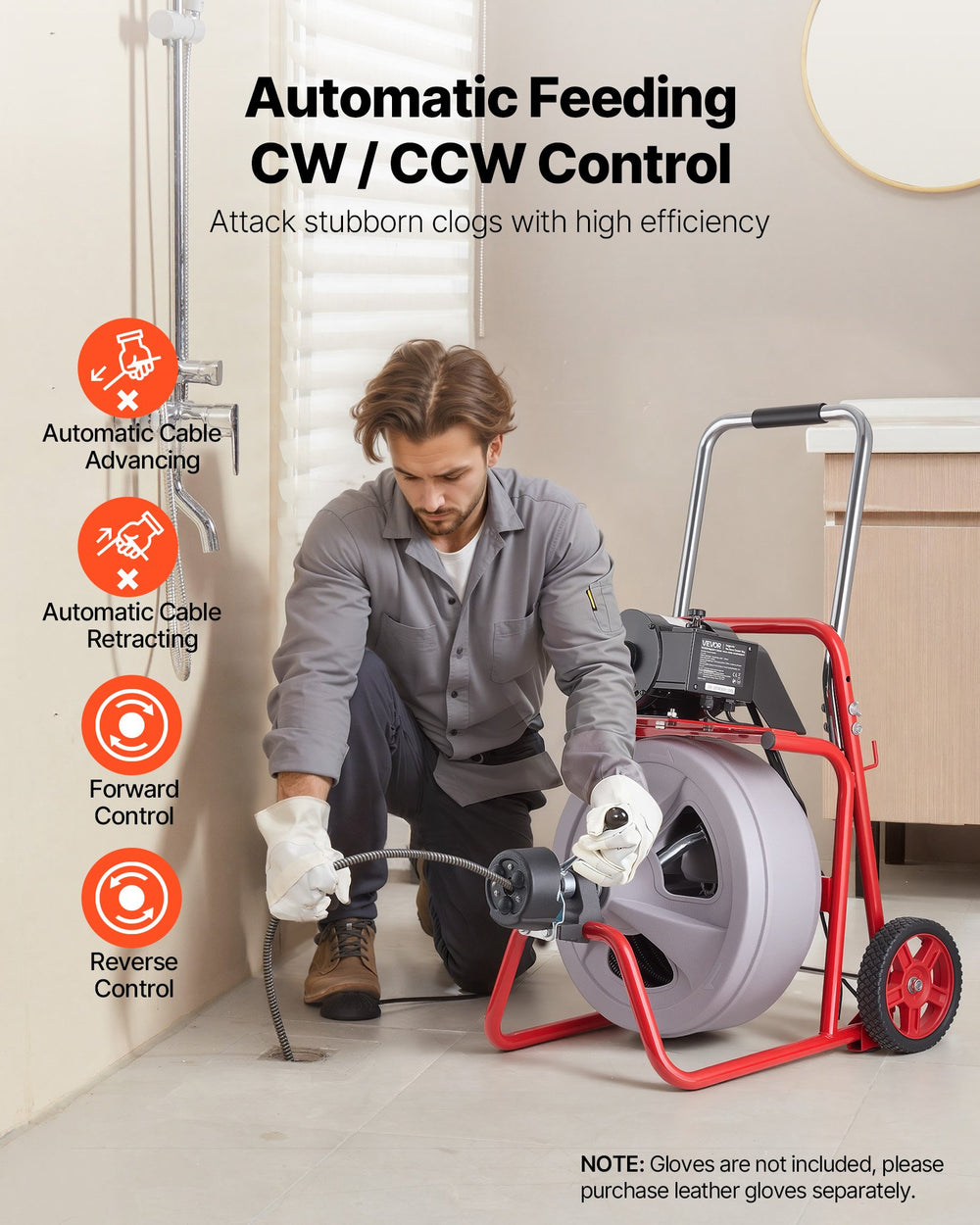VEVOR Drain Cleaner Machine 75 FT x 1/2 Inch, Auto Feed Sewer Snake Drain Auger on Wheels, Portable Drain Cleaning Machine with 8 Cutters & Air-Activated Foot Switch for 2" to 6" Pipes