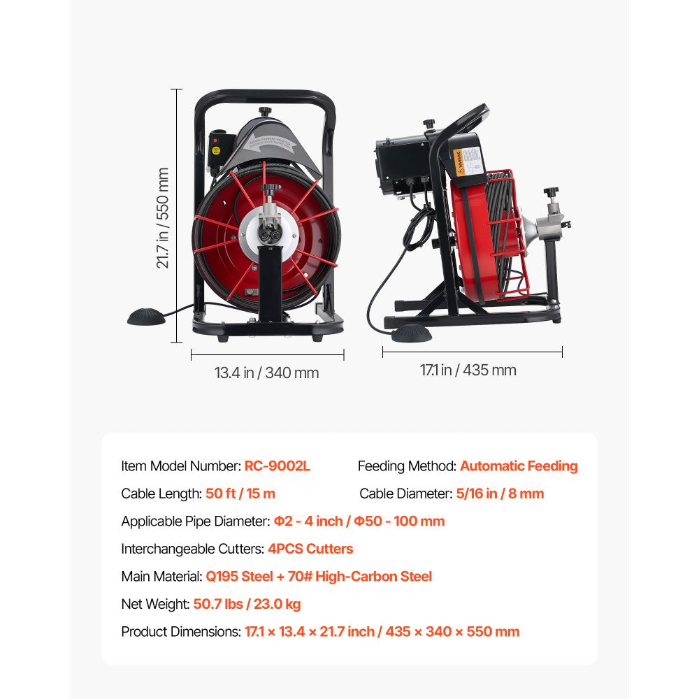 VEVOR Drain Cleaner Machine 50 FT x 5/16 Inch, Auto Feed Sewer Snake Auger with 4 Cutters & Air-Activated Foot Switch for 2" to 4" Pipes
