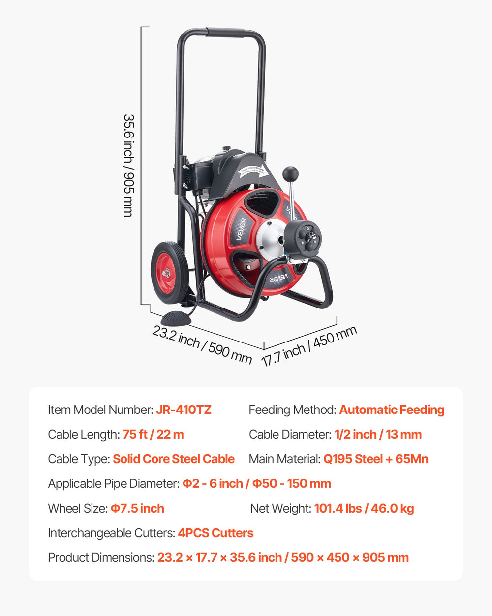 VEVOR Drain Cleaner Machine 75 FT x 1/2 Inch, Auto Feed Sewer Snake Auger on Wheels, Portable Drain Cleaning Machine with 4 Cutters & Air-activated Foot Switch for 2" to 6" Pipes