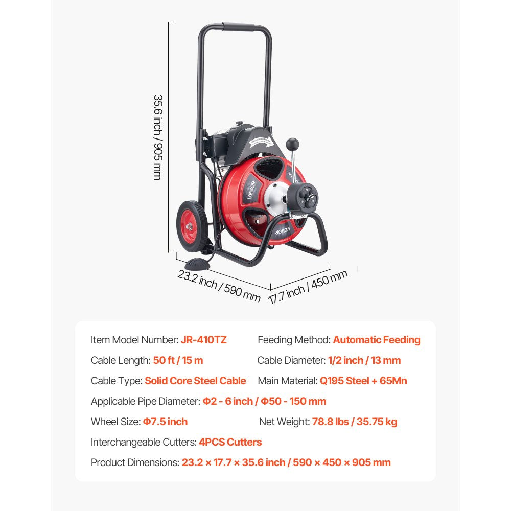 VEVOR Drain Cleaner Machine 50 FT x 1/2 Inch, Auto Feed Sewer Snake Auger on Wheels, Portable Drain Cleaning Machine with 4 Cutters & Air-activated Foot Switch for 2" to 6" Pipes