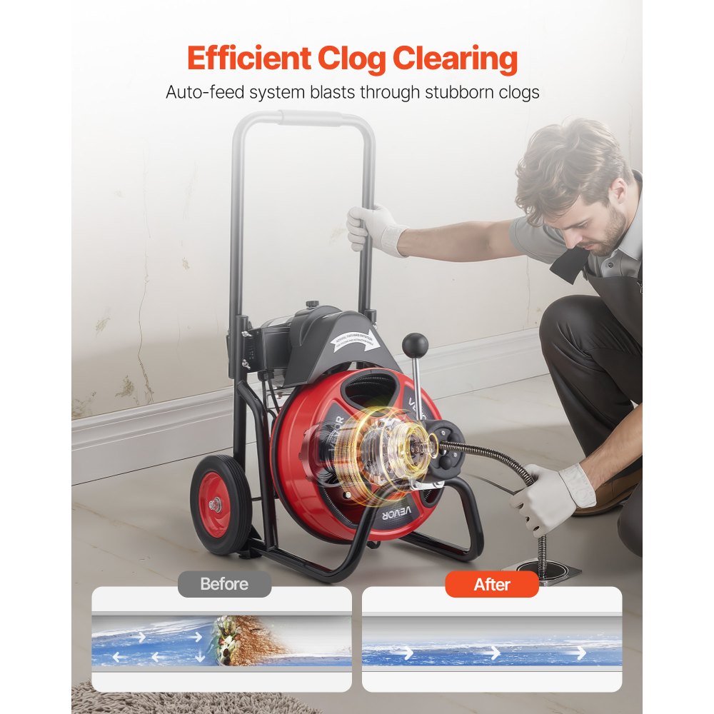 VEVOR Drain Cleaner Machine 100 FT x 3/8 Inch, Auto Feed Sewer Snake Auger on Wheels, Portable Drain Cleaning Machine with 4 Cutters & Air-activated Foot Switch for 2" to 4" Pipes