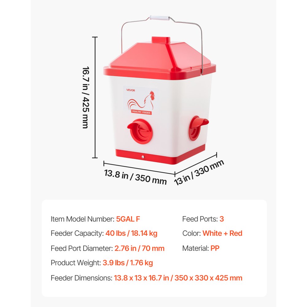 VEVOR Automatic Chicken Feeder, 40 Pounds Capacity, Large Gravity Hanging Poultry Feeder Dispenser with Handle, No Waste Rainproof Design, 3 Feeding Ports, Inside or Outside Hen Coop, for Chickens