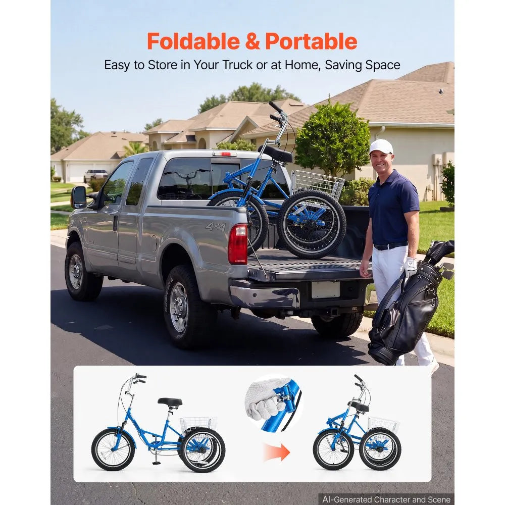 VEVOR Folding Adult Tricycle 20 inch 3 Wheel Foldable Trikes for Adult, Cruiser Bike with Cargo Basket, Adjustable Seat, and Double-Wall Wheel Rims, Shopping Picnic Tricycles for Women, Men, Seniors