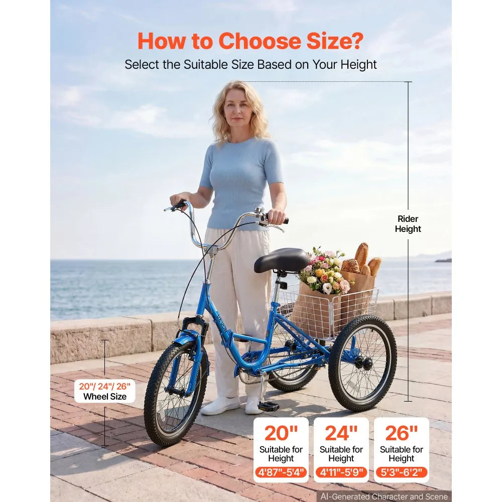 VEVOR Folding Adult Tricycle 20 inch 3 Wheel Foldable Trikes for Adult, Cruiser Bike with Cargo Basket, Adjustable Seat, and Double-Wall Wheel Rims, Shopping Picnic Tricycles for Women, Men, Seniors