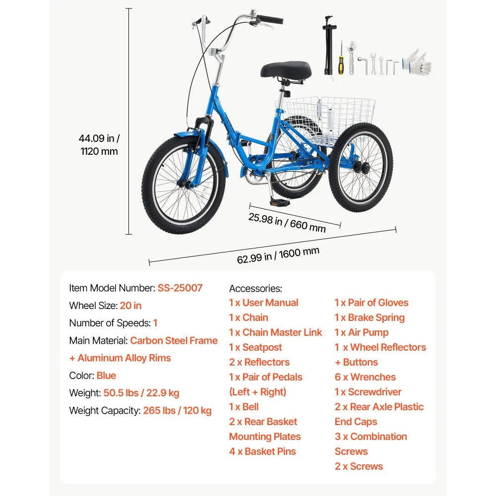 VEVOR Folding Adult Tricycle 20 inch 3 Wheel Foldable Trikes for Adult, Cruiser Bike with Cargo Basket, Adjustable Seat, and Double-Wall Wheel Rims, Shopping Picnic Tricycles for Women, Men, Seniors