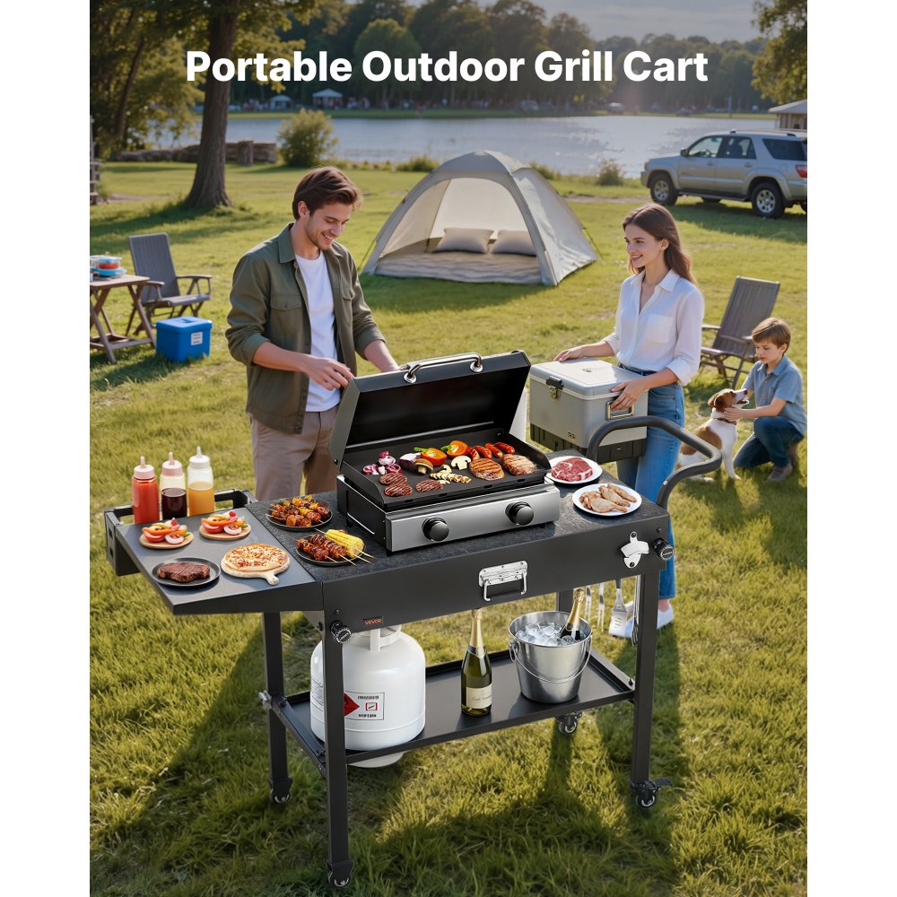 VEVOR Outdoor Grill Cart, 31.0 x 17.0 inch Tabletop Size Grilling Table, Foldable Outdoor Cooking Table with Tissue Holder, Hooks, Wheels, Side Table, BBQ Prep Tables for Picnic, Kitchen, Courtyard