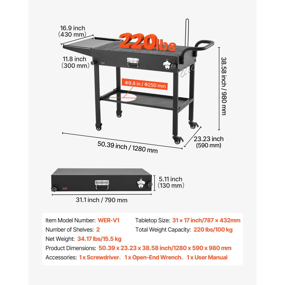 VEVOR Outdoor Grill Cart, 31.0 x 17.0 inch Tabletop Size Grilling Table, Foldable Outdoor Cooking Table with Tissue Holder, Hooks, Wheels, Side Table, BBQ Prep Tables for Picnic, Kitchen, Courtyard