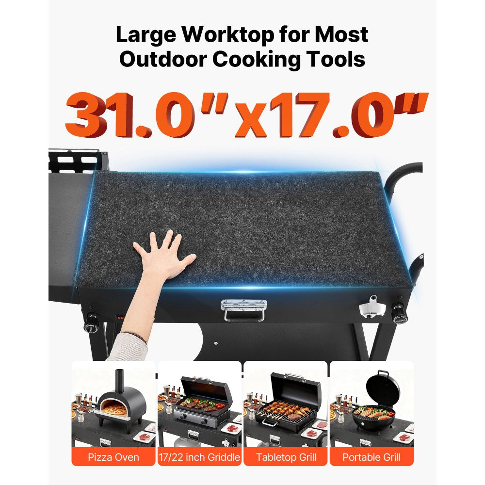 VEVOR Outdoor Grill Cart, 31.0 x 17.0 inch Tabletop Size Grilling Table, Foldable Outdoor Cooking Table with Tissue Holder, Hooks, Wheels, Side Table, BBQ Prep Tables for Picnic, Kitchen, Courtyard