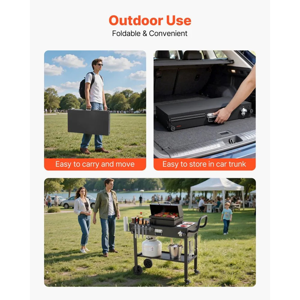VEVOR Outdoor Grill Cart, 31.0 x 17.0 inch Tabletop Size Grilling Table, Foldable Outdoor Cooking Table with Tissue Holder, Wheels, Magnetic Tool Rack, BBQ Prep Tables for Picnic, Kitchen, Courtyard