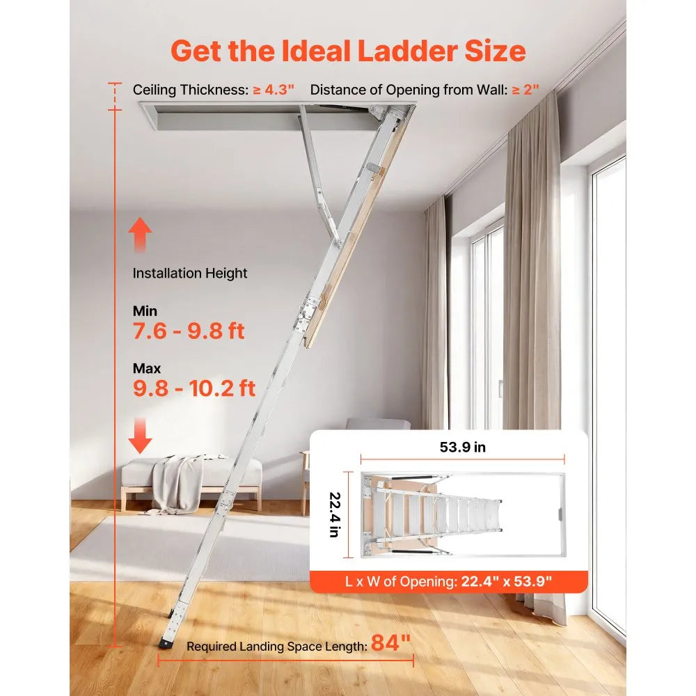 VEVOR Aluminum Attic Ladder, Fits 9.8'-10.3'/7.66'-9.8' Ceiling Height, 54" x 22.5" Opening, 375 lbs Load Capacity, Multi-Purpose Foldable Lightweight and Portable Attic Stairs for Convenient Access