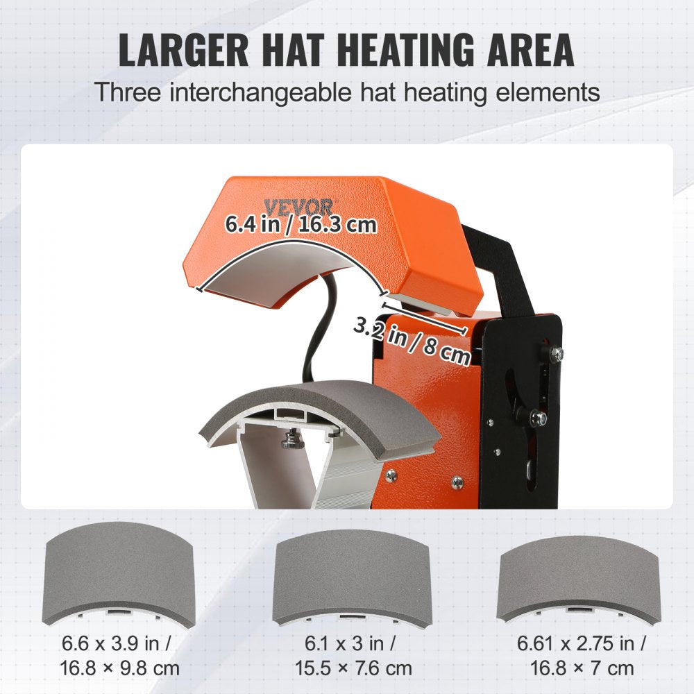 VEVOR 3-in-1 Auto Hat Heat Press with 3pcs Interchangeable Platens(6.6" x 2.7", 6.6" x 3.8", 6.1" x 3"), Automatic Release&Press Knob-Style Digital Control Panel Tested to UL Standards
