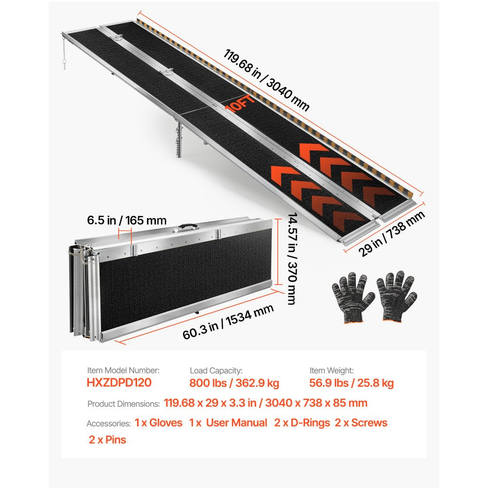 VEVOR Portable Wheelchair Ramp, 10FT, Non-Slip Aluminum Folding Handicap Ramp for Wheelchair, 800 lbs Capacity, Door Threshold Ramps for Home Steps, Stairs, Entry, Threshold, Doorways, Scooter, Curbs