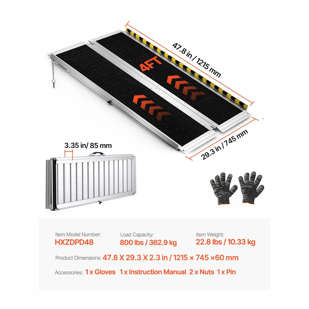 VEVOR Portable Wheelchair Ramp, 4FT, Non-Slip Aluminum Folding Handicap Ramp for Wheelchair, 800 lbs Capacity, Door Threshold Ramps for Home Steps, Stairs, Entry, Threshold, Doorways, Scooter, Curbs