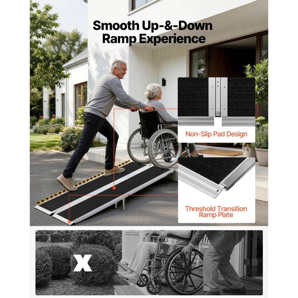 VEVOR Portable Wheelchair Ramp, 6FT, Non-Slip Aluminum Folding Handicap Ramp for Wheelchair, 800 lbs Capacity, Door Threshold Ramps for Home Steps, Stairs, Entry, Threshold, Doorways, Scooter, Curbs
