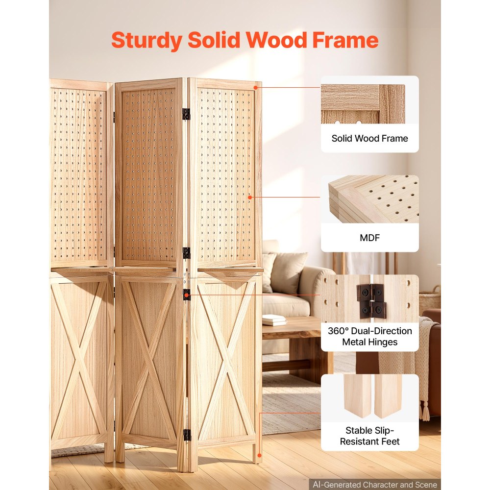 VEVOR Wood Room Divider Pegboard Wood Folding Privacy Screen with Shelves, For Room Separation & Home Decor, 4 Panels, Solid Frame with X Pattern, 360° Two-Way Hinges, Wooden Partition with Hardware