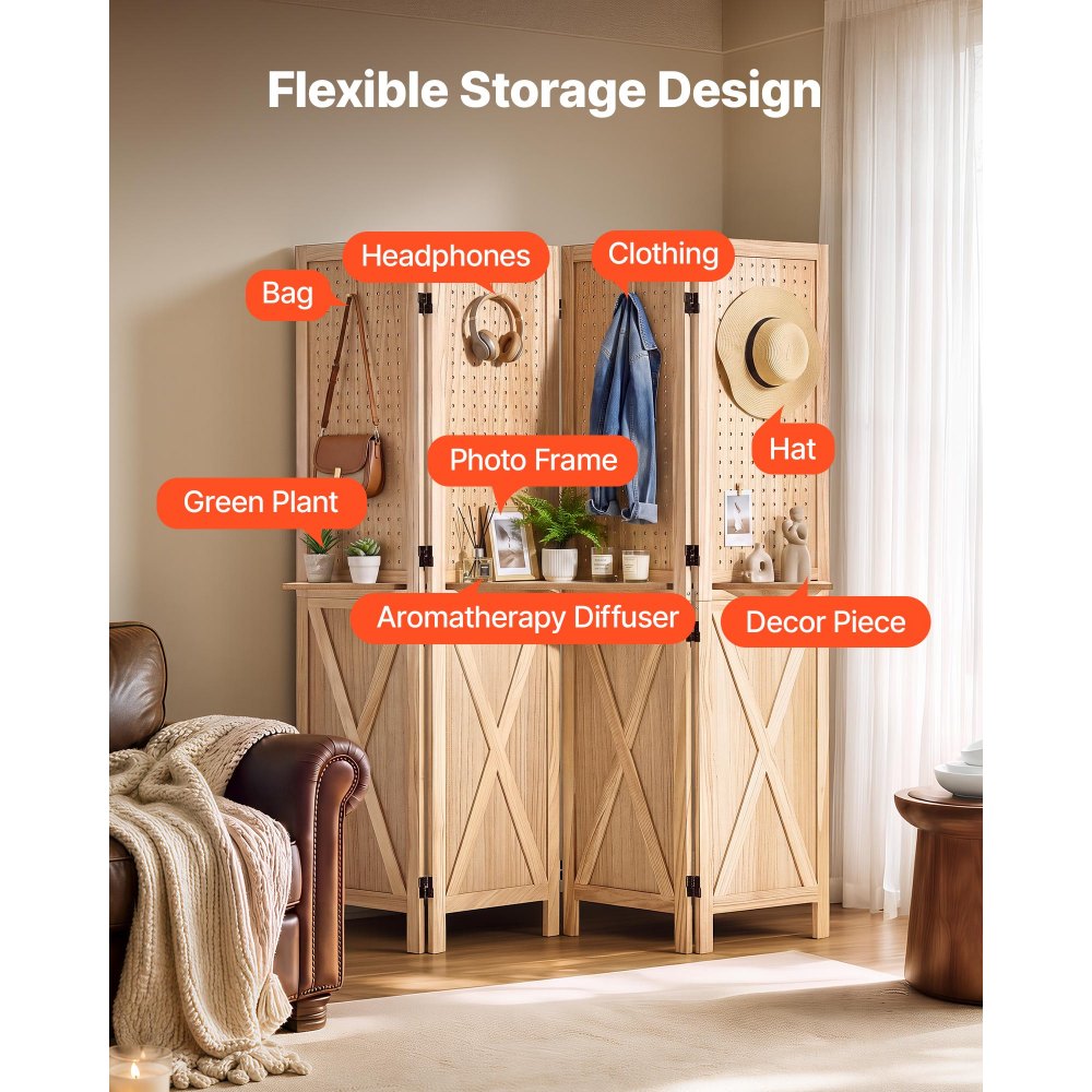 VEVOR Wood Room Divider Pegboard Wood Folding Privacy Screen with Shelves, For Room Separation & Home Decor, 4 Panels, Solid Frame with X Pattern, 360° Two-Way Hinges, Wooden Partition with Hardware