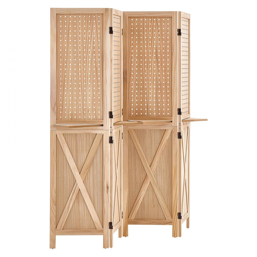 VEVOR Wood Room Divider Pegboard Wood Folding Privacy Screen with Shelves, For Room Separation & Home Decor, 4 Panels, Solid Frame with X Pattern, 360° Two-Way Hinges, Wooden Partition with Hardware