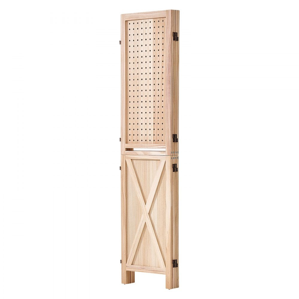 VEVOR Wood Room Divider Pegboard Wood Folding Privacy Screen with Shelves, For Room Separation & Home Decor, 4 Panels, Solid Frame with X Pattern, 360° Two-Way Hinges, Wooden Partition with Hardware