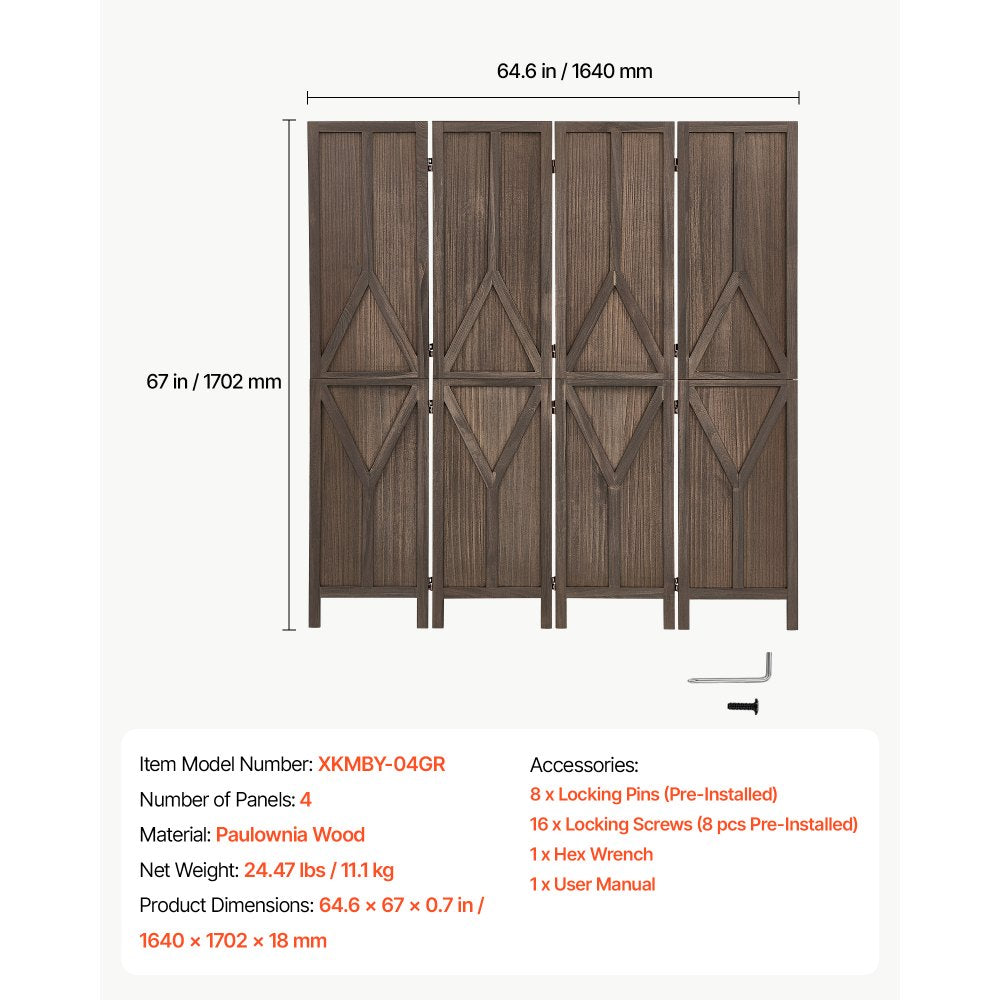 VEVOR Wood Room Divider 4 Panels Wood Folding Privacy Screen Y Pattern, For Room Separation & Home Decor, 67 inches Tall, Solid Frame, 360° Two-Way Hinges, Rustic Wooden Partition with Hardware