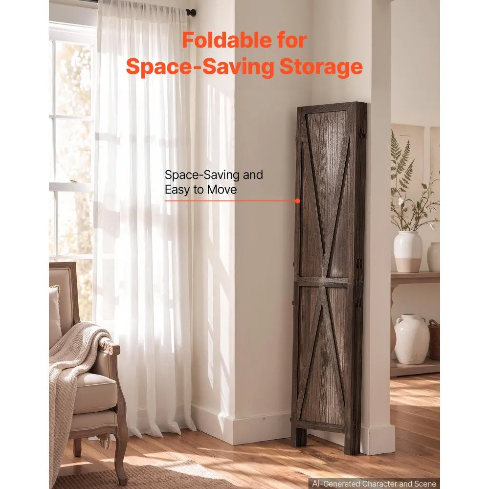 VEVOR Wood Room Divider 4 Panels Wood Folding Privacy Screen X Pattern, For Room Separation & Home Decor, 67 inches Tall, Solid Frame, 360° Two-Way Hinges, Rustic Wooden Partition with Hardware