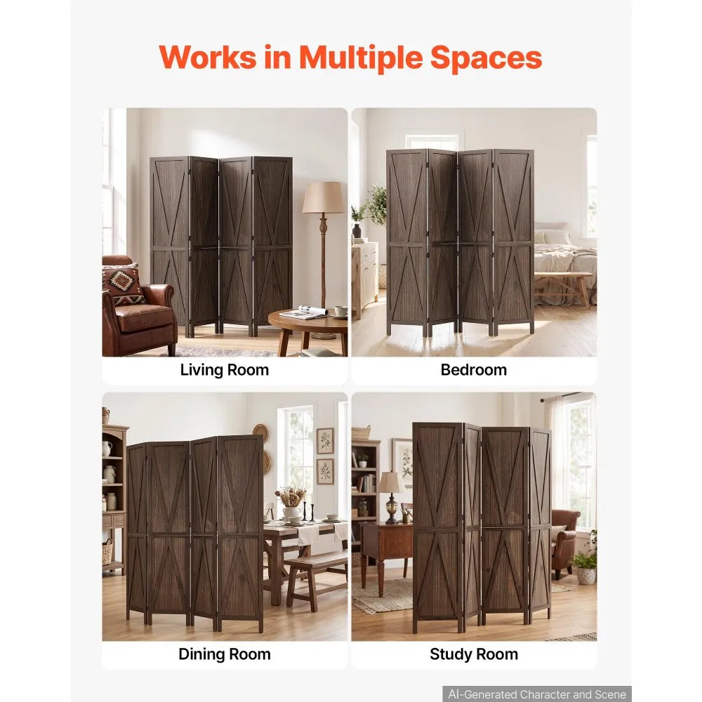 VEVOR Wood Room Divider 4 Panels Wood Folding Privacy Screen X Pattern, For Room Separation & Home Decor, 67 inches Tall, Solid Frame, 360° Two-Way Hinges, Rustic Wooden Partition with Hardware