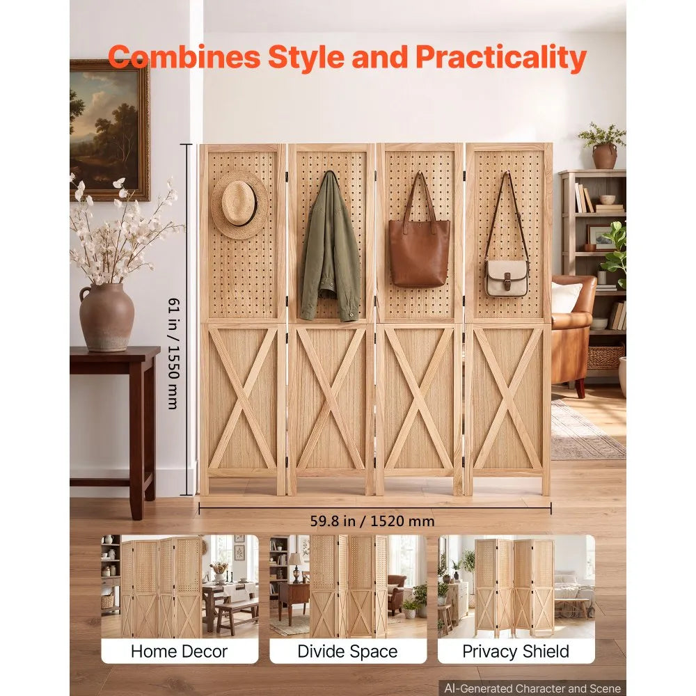 VEVOR Wood Room Divider 4 Panels 59.8" Pegboard Wood Folding Privacy Screen, For Room Separation & Home Decor, Solid Frame with X Pattern, 360° Two-Way Hinges, Rustic Wooden Partition with Hardware