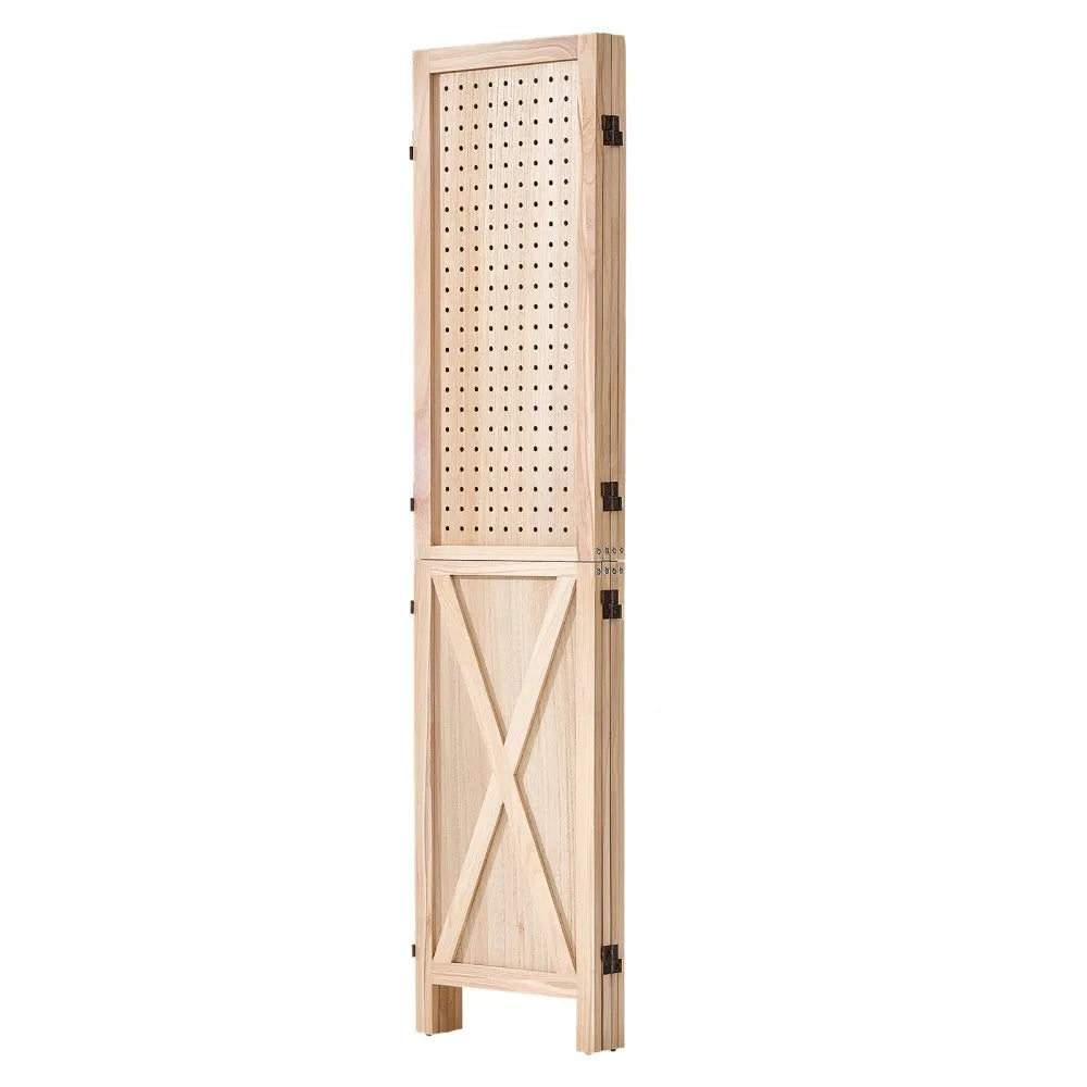 VEVOR Wood Room Divider 4 Panels 59.8" Pegboard Wood Folding Privacy Screen, For Room Separation & Home Decor, Solid Frame with X Pattern, 360° Two-Way Hinges, Rustic Wooden Partition with Hardware