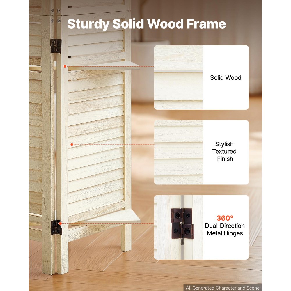 VEVOR Wood Room Divider 6 Panels Wood Folding Privacy Screen with Shelves, For Room Separation & Home Decor, 67.1 in Tall, Solid Frame, 360° Two-Way Hinges, Louvered Wooden Partition with Hardware