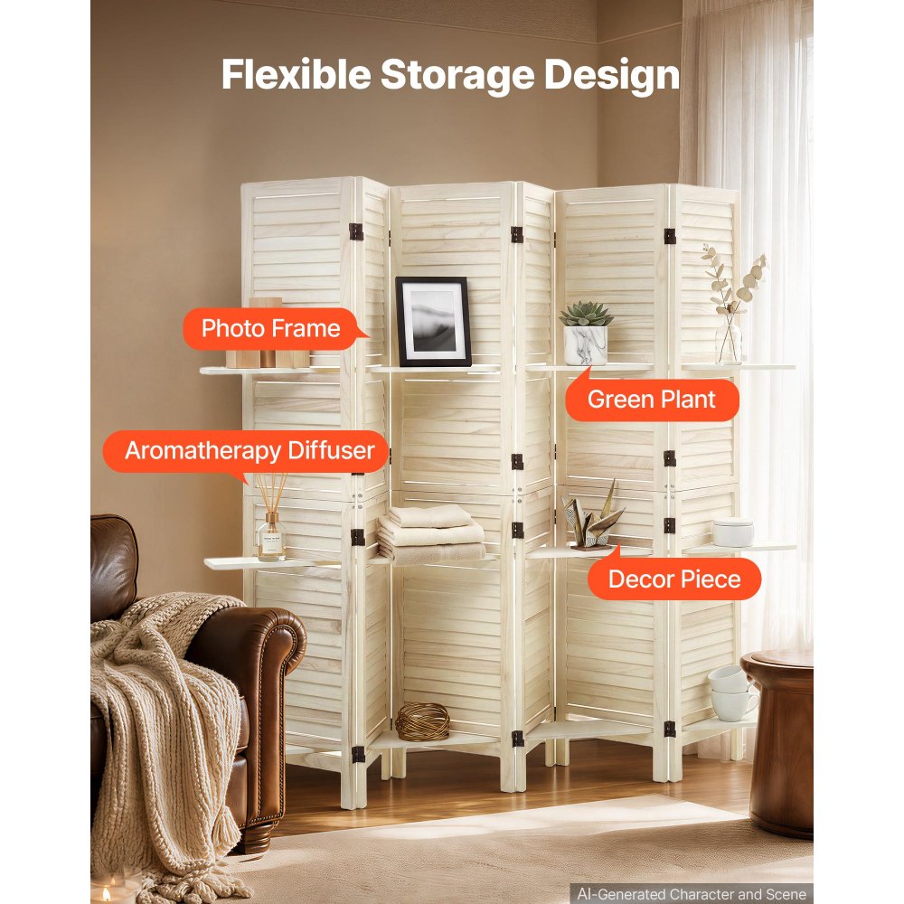 VEVOR Wood Room Divider 6 Panels Wood Folding Privacy Screen with Shelves, For Room Separation & Home Decor, 67.1 in Tall, Solid Frame, 360° Two-Way Hinges, Louvered Wooden Partition with Hardware